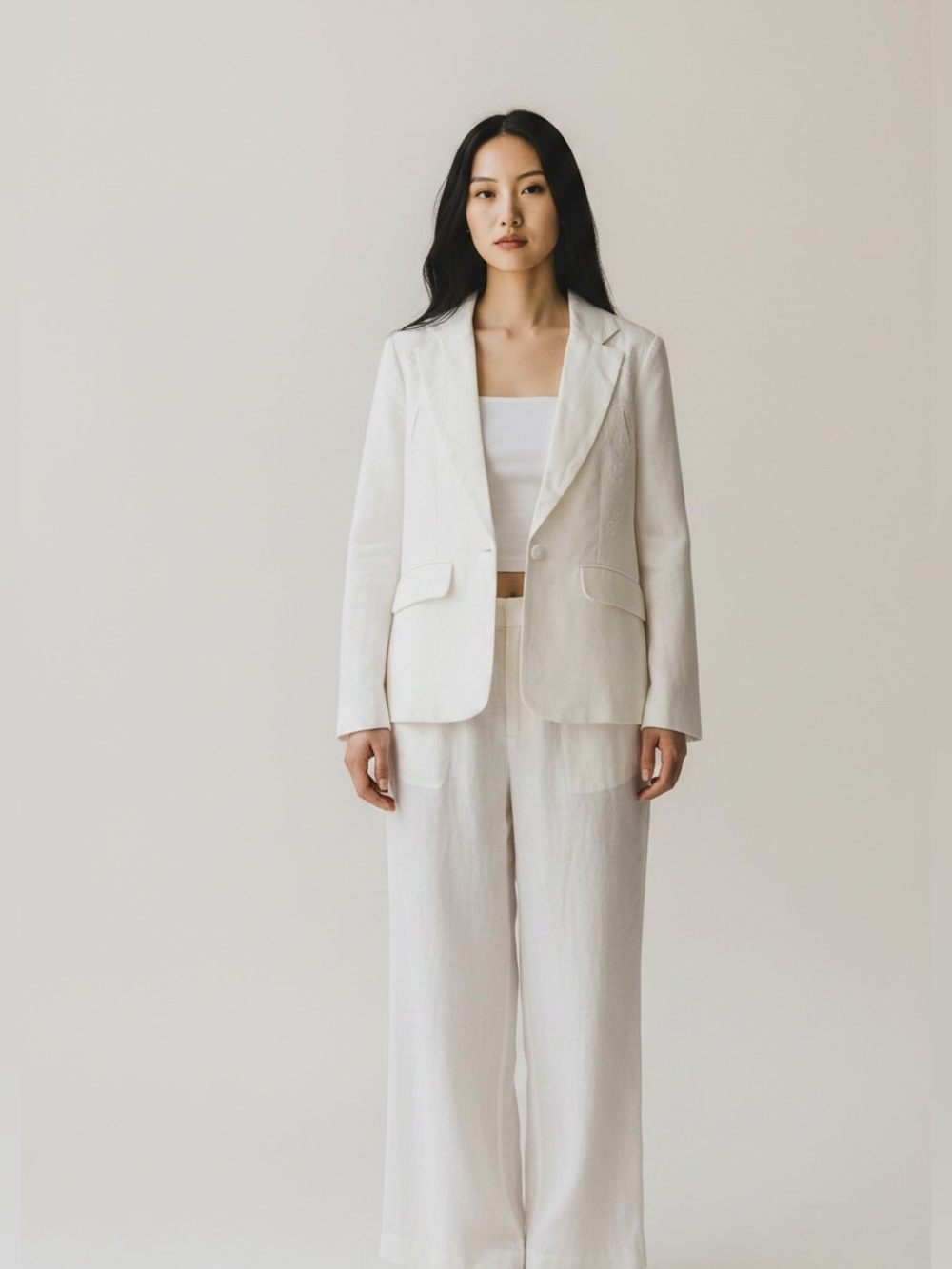 JASON WU White Linen Embroided Blazer Jacket Floral lagenlook minimal‎ NWT Large